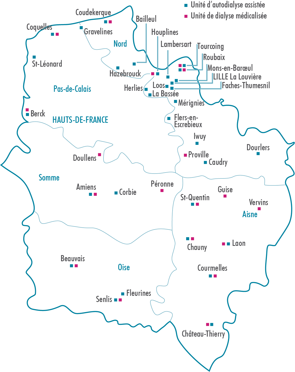 Carte des unités de dialyse Santélys Hauts-de-France